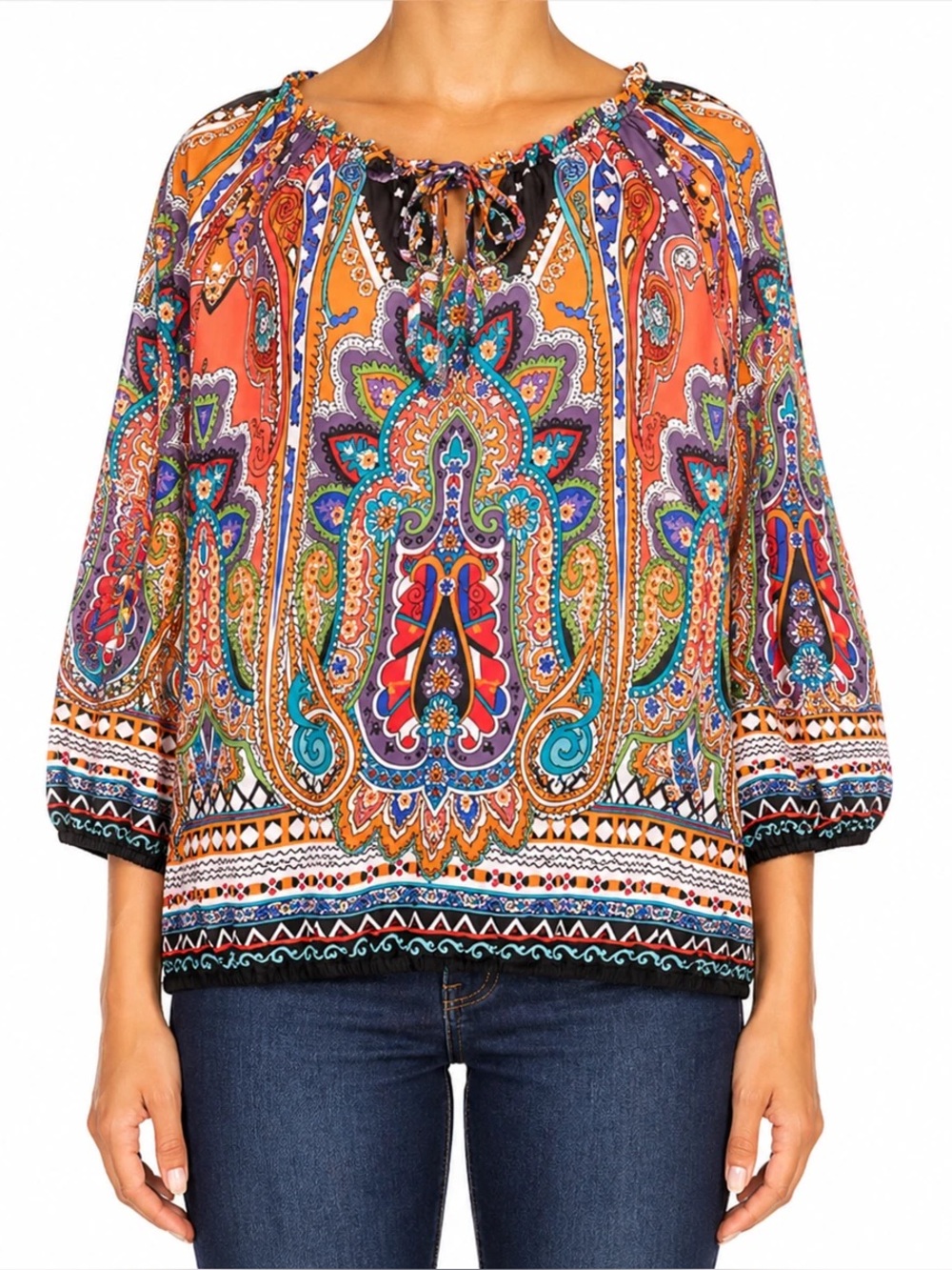 Chico’s Boho Paisley Peasant Blouse Size 3(XL) Colorful Sheer Tunic Top